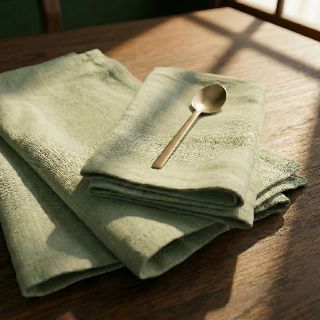 Sage green linen cloth folded alongside a minimalist brass spoon on a wooden tabletop under sharp sunlight.