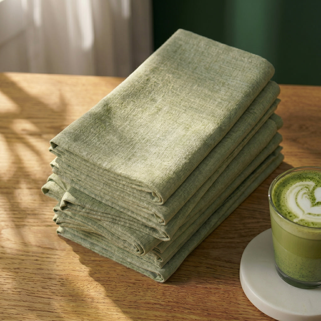 A neat stack of The Sutton stonewashed linen napkins in sage green next to an iced matcha latte on a wooden cafe counter.
