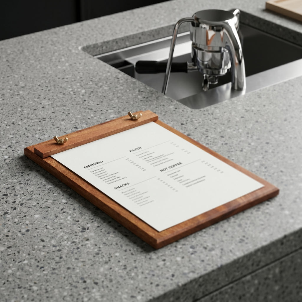 The mid-sized Modular Canvas variant of the Talbot clamping cafe menu board holding an artisanal white printout on a gray terrazzo slow-bar counter.