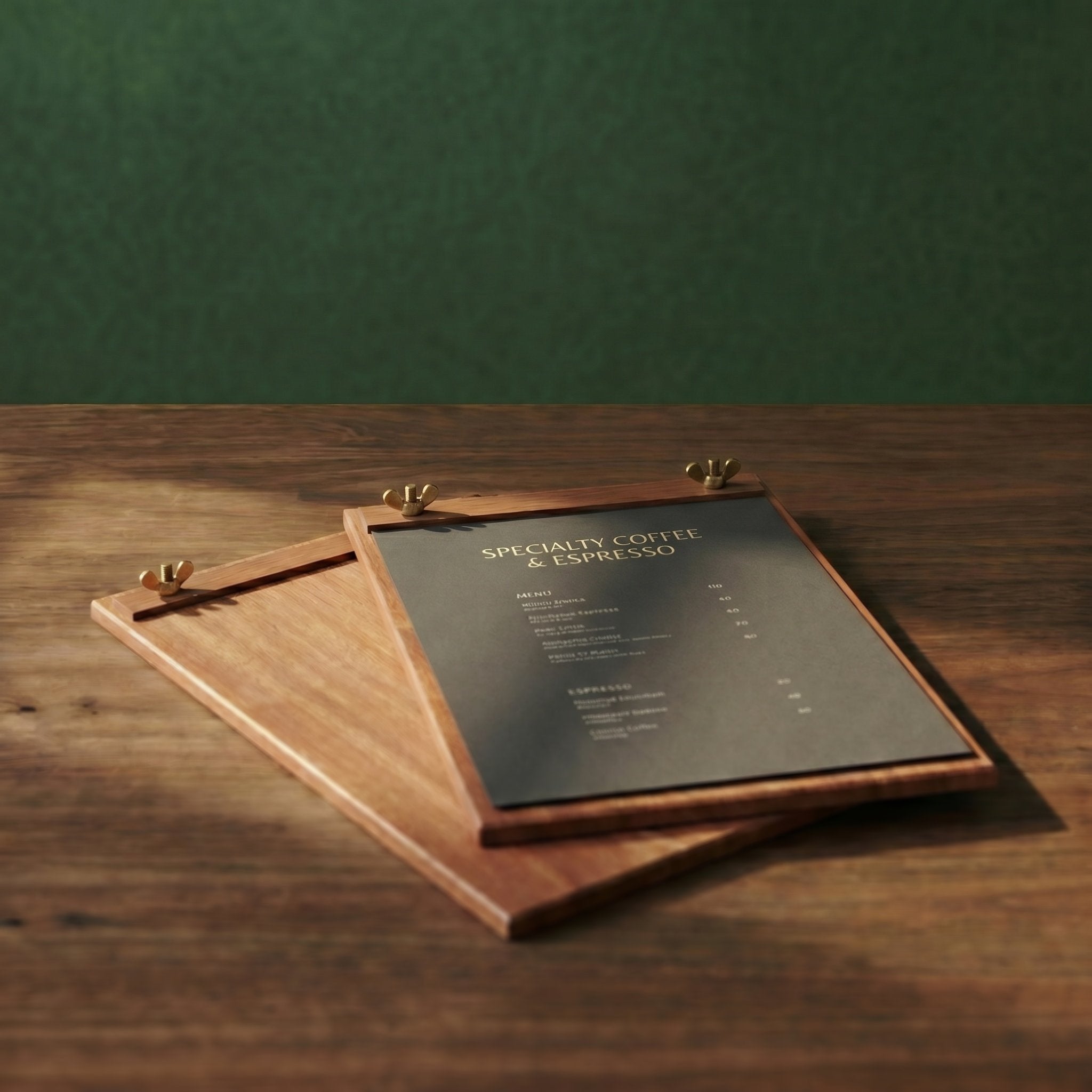 Two overlapping Talbot minimalist coffee menu boards in premium North American walnut displaying a dark olive specialty beverage list with brass wing-nut clamps under natural sunlight.
