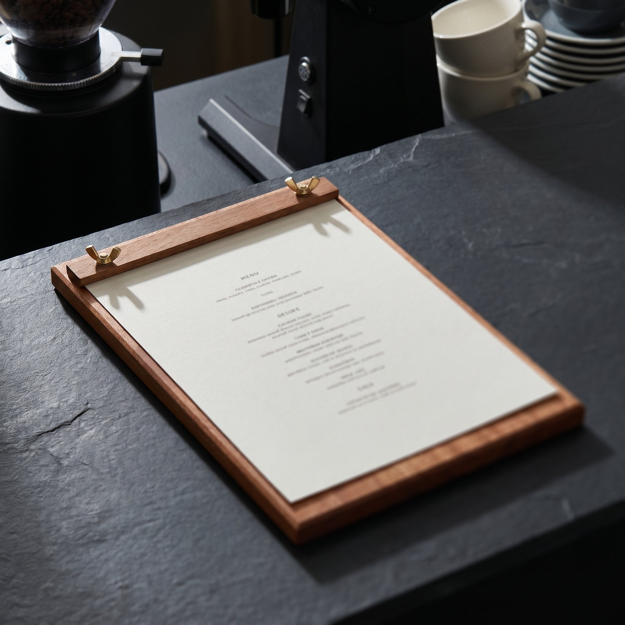 The large-format Plenary Deck Talbot coffee shop menu holder featuring a full beverage registry resting on a textured black stone workspace under dramatic lighting.