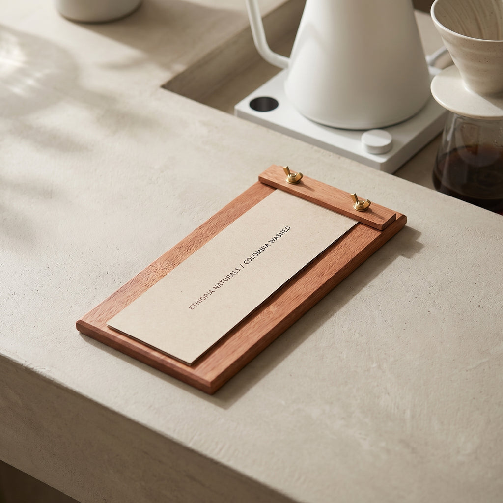 The slender Linear Profile variant of the Talbot specialty coffee counter menu holder displaying a narrow whole-bean menu card on a minimal cream concrete counter.