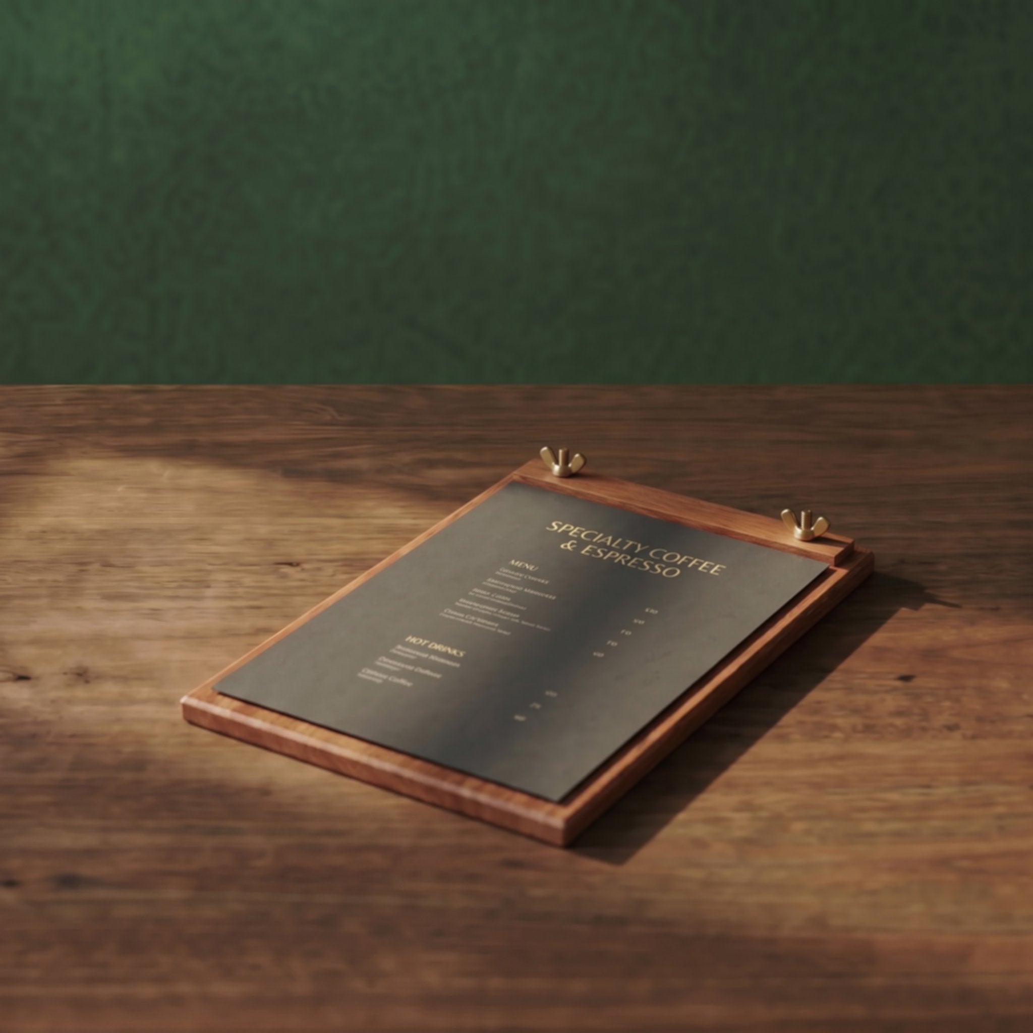 Talbot A5 wood menu board holding a premium dark charcoal beverage list with brass wingnuts, displayed on a wooden tabletop against a deep green background for a high-end restaurant layout.