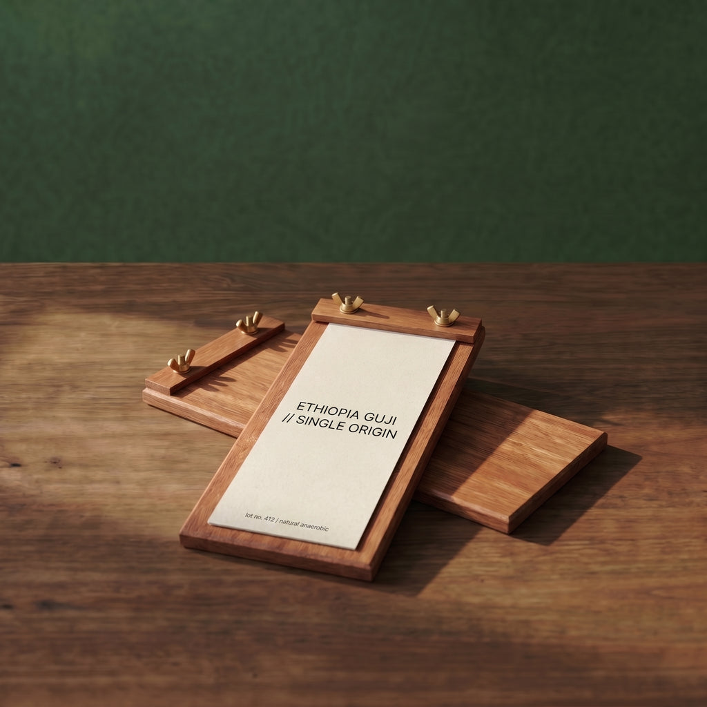 Slim Talbot wood menu board for tasting tag, check displays, and mini menus, displaying a minimalist cream coffee card, shown as two stacked units under warm ambient studio lighting.