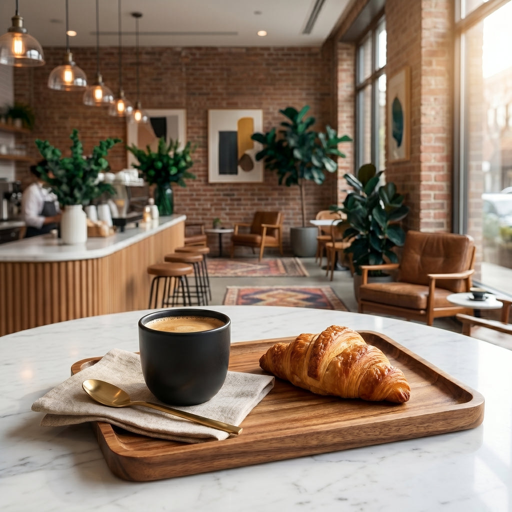 Studio presentation of a black ceramic coffee mug and a fresh croissant arranged on the Vance rectangular timber deck atop a round white marble bistro table.
