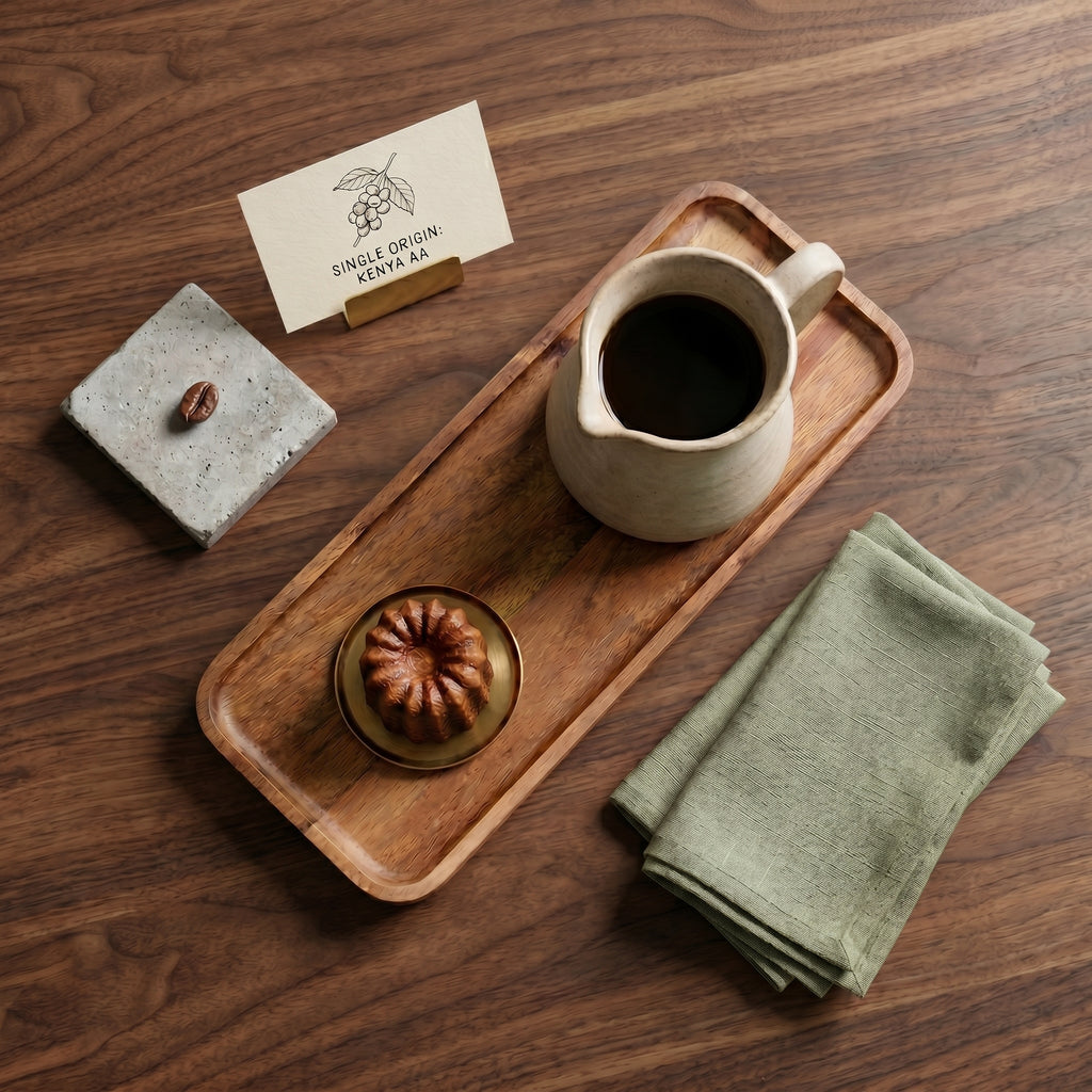 Overhead layout of the extended narrow Vance wood tray holding a ceramic coffee pitcher, a small pastry, and a green linen napkin alongside a single-origin identification card.