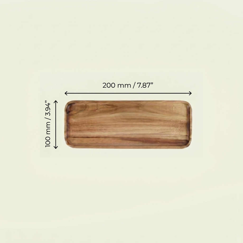 Sizing schematic documenting the metric and imperial length and width configurations for the compact linear 200mm by 100mm variant of the Vance wood tray.