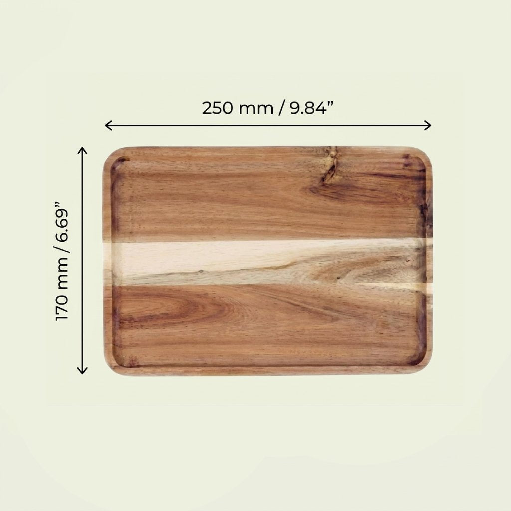 Sizing schematic documenting the metric and imperial length and width configurations for the mid-tier sharing 250mm by 170mm variant of the Vance wood tray.