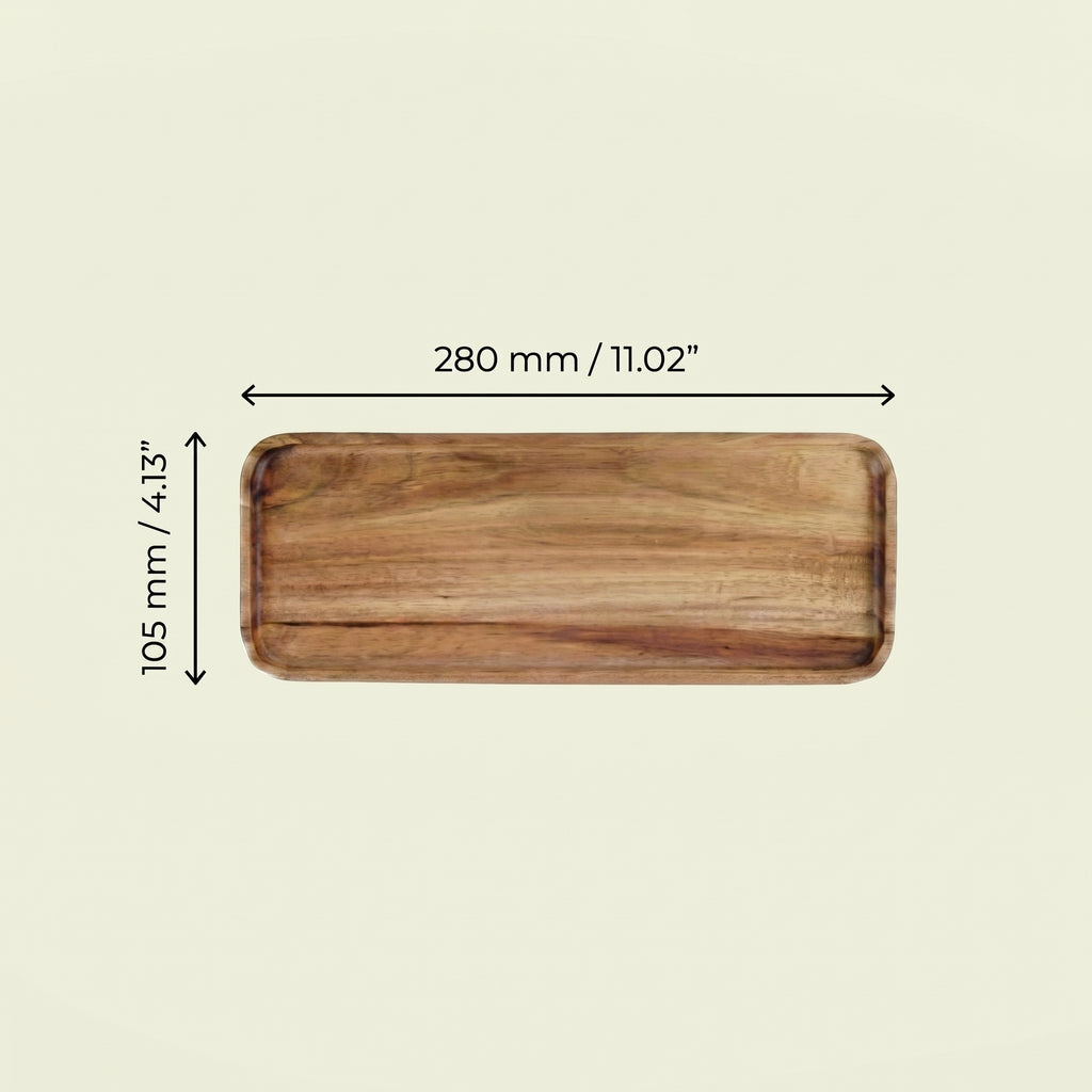 Sizing schematic documenting the metric and imperial length and width configurations for the extended slow-bar 280mm by 105mm variant of the Vance wood tray.