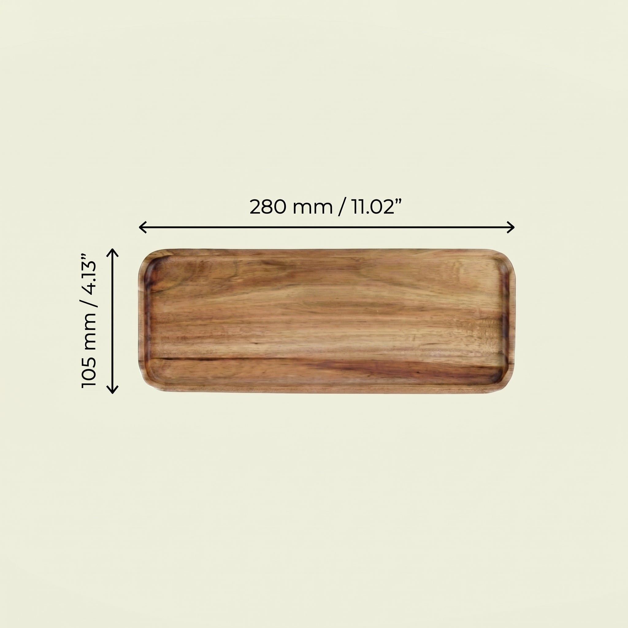 Sizing schematic documenting the metric and imperial length and width configurations for the extended slow-bar 280mm by 105mm variant of the Vance wood tray.