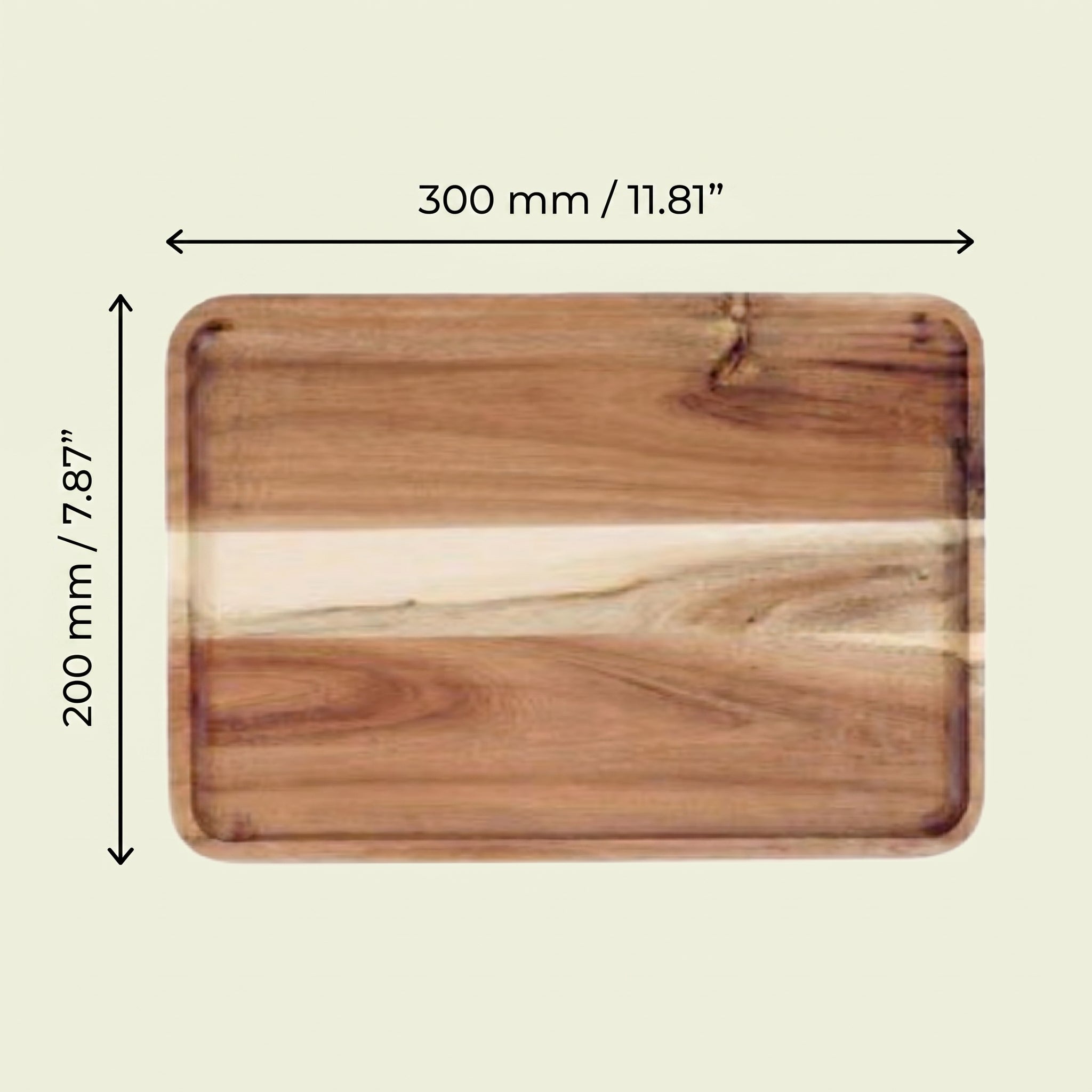 Sizing schematic documenting the metric and imperial length and width configurations for the expansive deck 300mm by 200mm variant of the Vance wood tray.