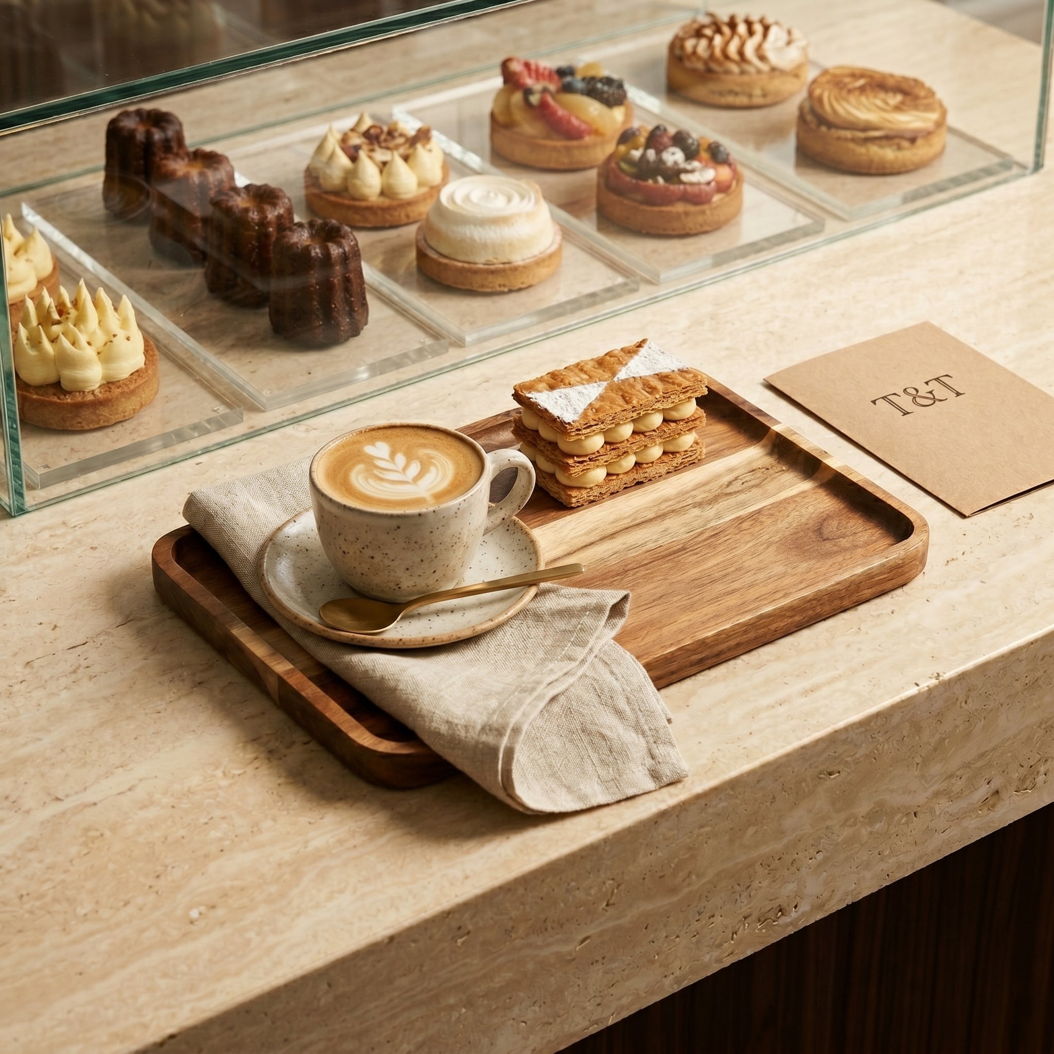 The Vance rectangular acacia serving tray holding a white ceramic latte cup and pastry pairing on a stone pastry counter next to a glass display case.
