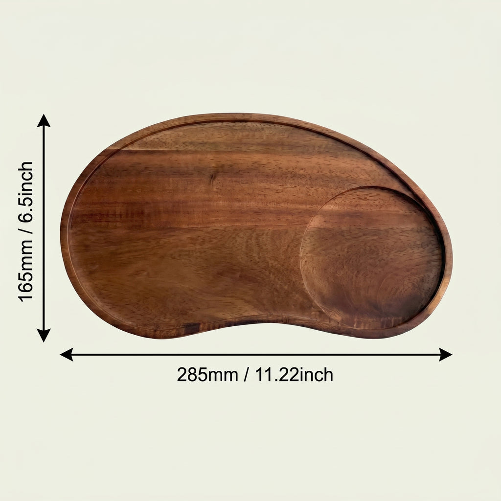 A high-angle schematic diagram documenting the 285mm length and 165mm width dimensions of the Winston curved wooden tray.