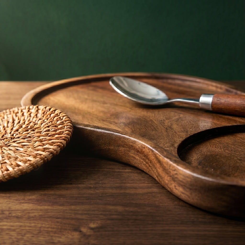 Detail view highlighting the rich, fine grain of the polished cashew nut wood tray face under soft, warm lighting conditions.