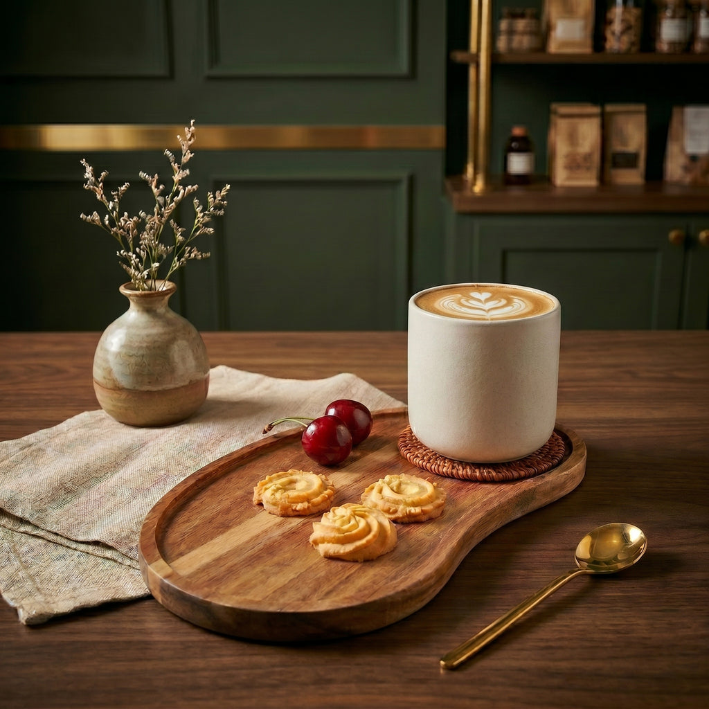 The Winston curved wood tray anchoring a minimalist white ceramic mug and artisanal biscuits on a walnut tabletop.