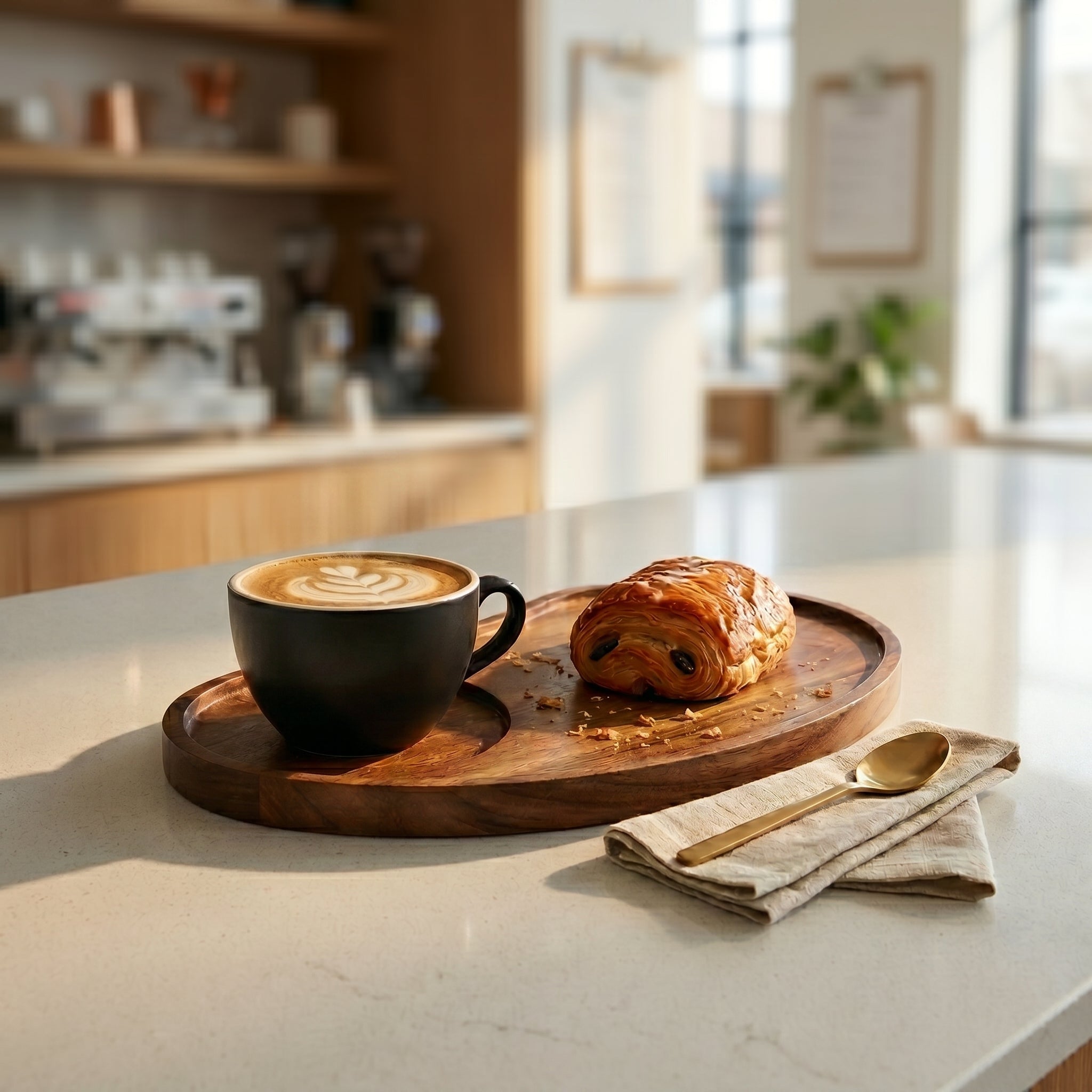 A modern, bright espresso bar countertop featuring a matte black ceramic cup and a pastry arranged on the Winston wooden serving deck.