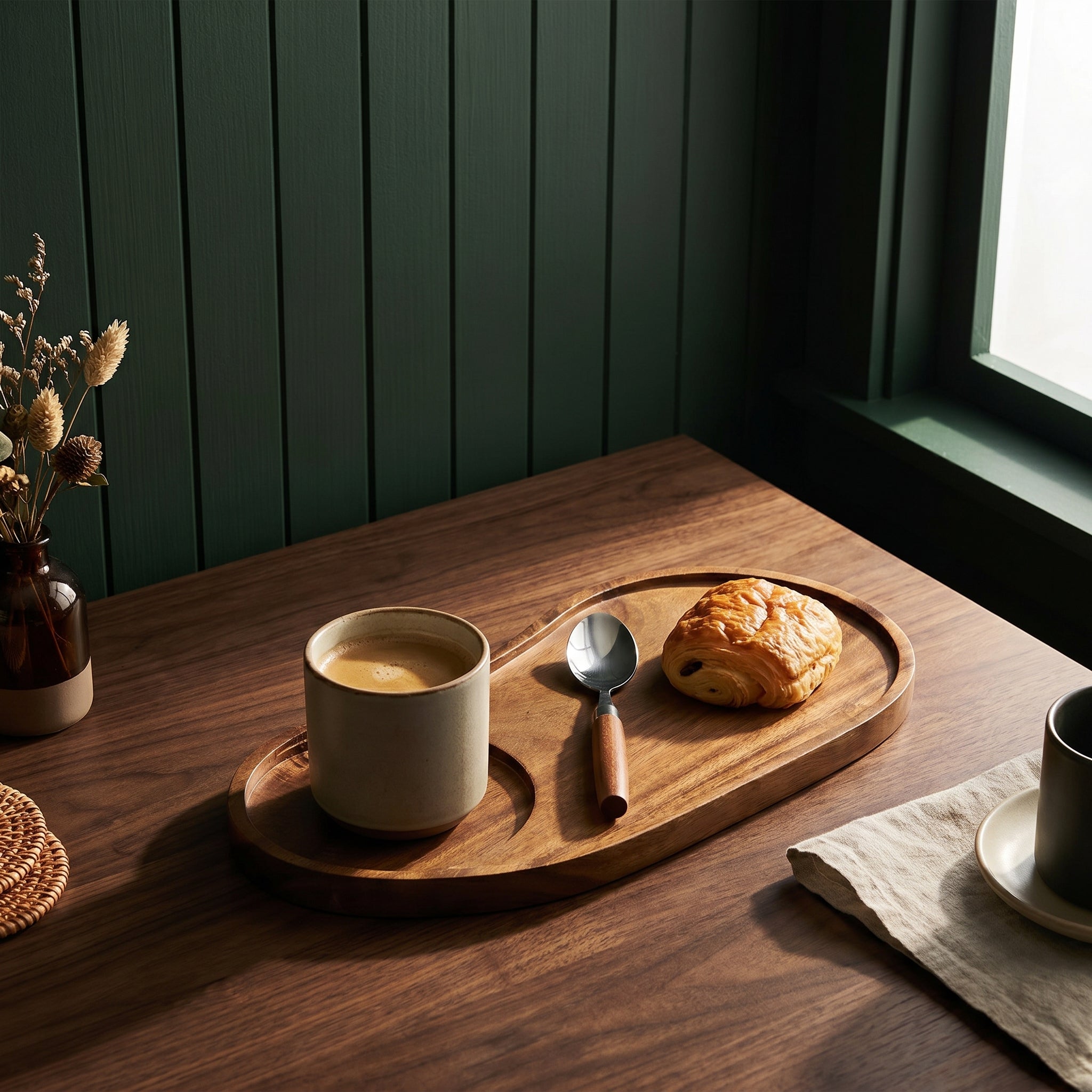A side-angle lifestyle view of the curved Winston wood pairing tray holding a coffee cup and fresh pain au chocolat next to a sunlit window.